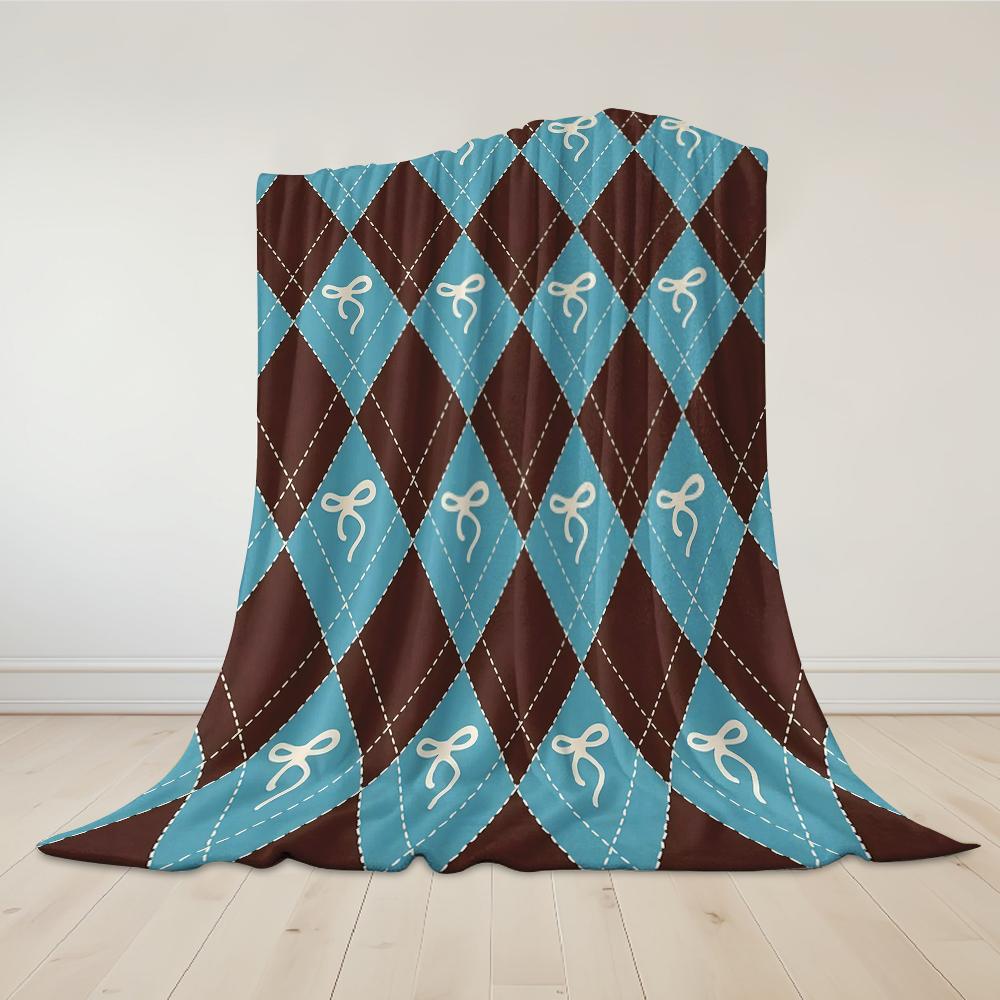 Argyle Bow Print Flannel Blanket Warm Soft Halloween Christmas Couch Warm Cozy Decorative Decor Gift for All Season