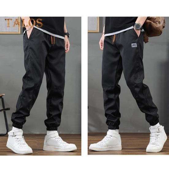 Spring Fall Men Cargo Pants Loose Drawstring Elastic Waist Multi Pockets Ankle-banded Solid Color Plus Size Sport Trousers Daily Wear Ninth Pants