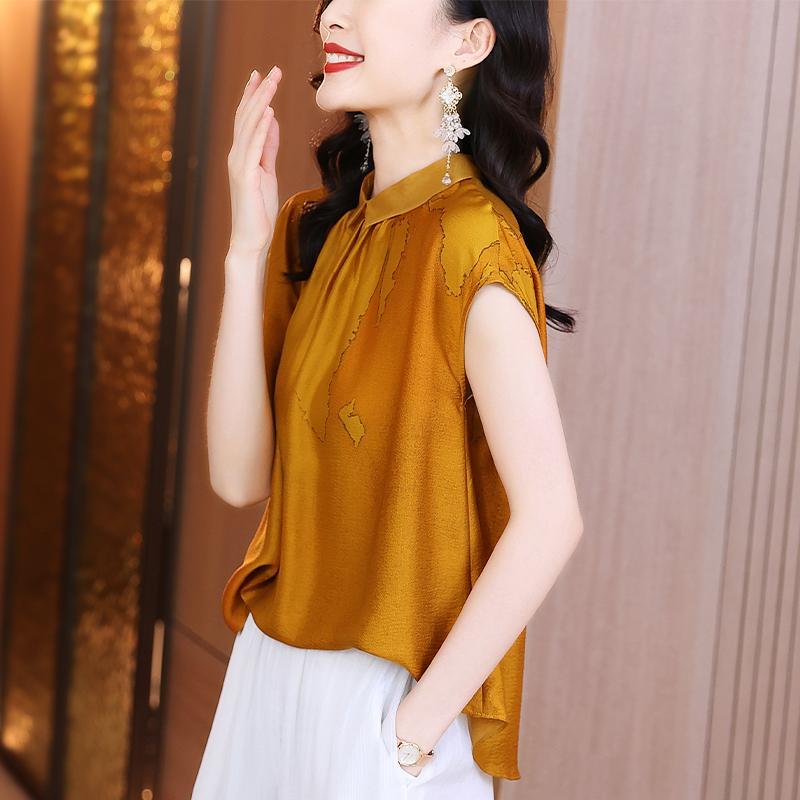 

Women s Ginger Yellow Satin Blouse Collared Sleeveless Print Elegant Office Top S