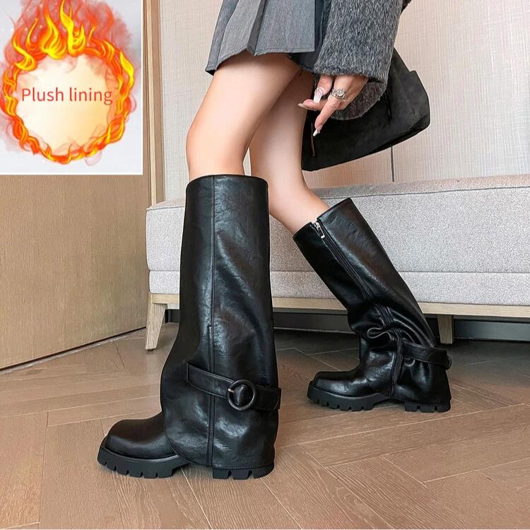 Fashion Elegant Black Belt Buckle Straight Tube Knee High Skirt Boots Women's Autumn Winter Fashion 5cm Thick Heel Western Long Boots