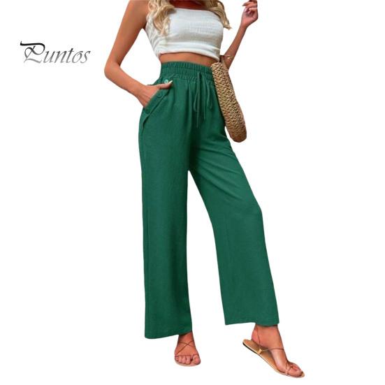 

Женские повседневные брюки, эластичные длинные брюки с высокой талией на шнурке, прямые широкие брюки, однотонные тонкие летние брюки, уличная одежда XL темно-зеленого