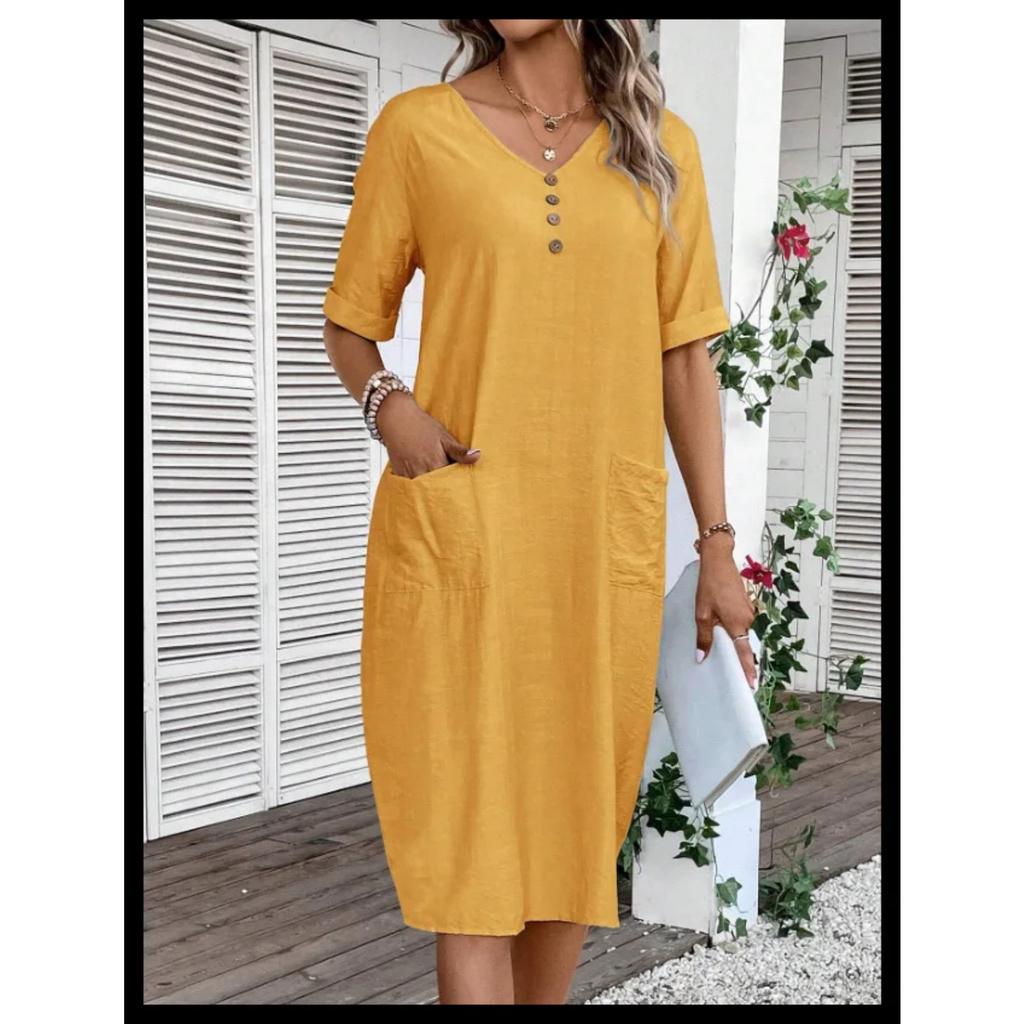 LYRIA Women's Cotton Linen Short Sleeved Dresses Loose And Comfortable Vacation Dress For Women