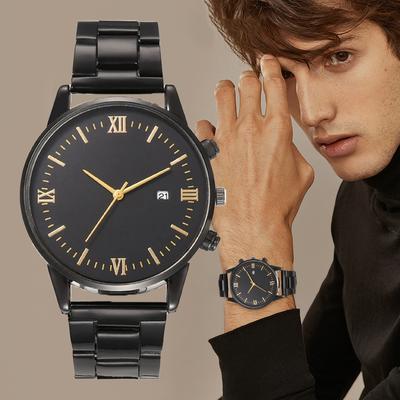 Montres Homme Affaires Mode Bracelet Acier Noir Cadran Romain Calendrier Montre à Quartz Montres-bracelets Horloge Mâle Meilleur Cadeau Montre pour Famille, Ami