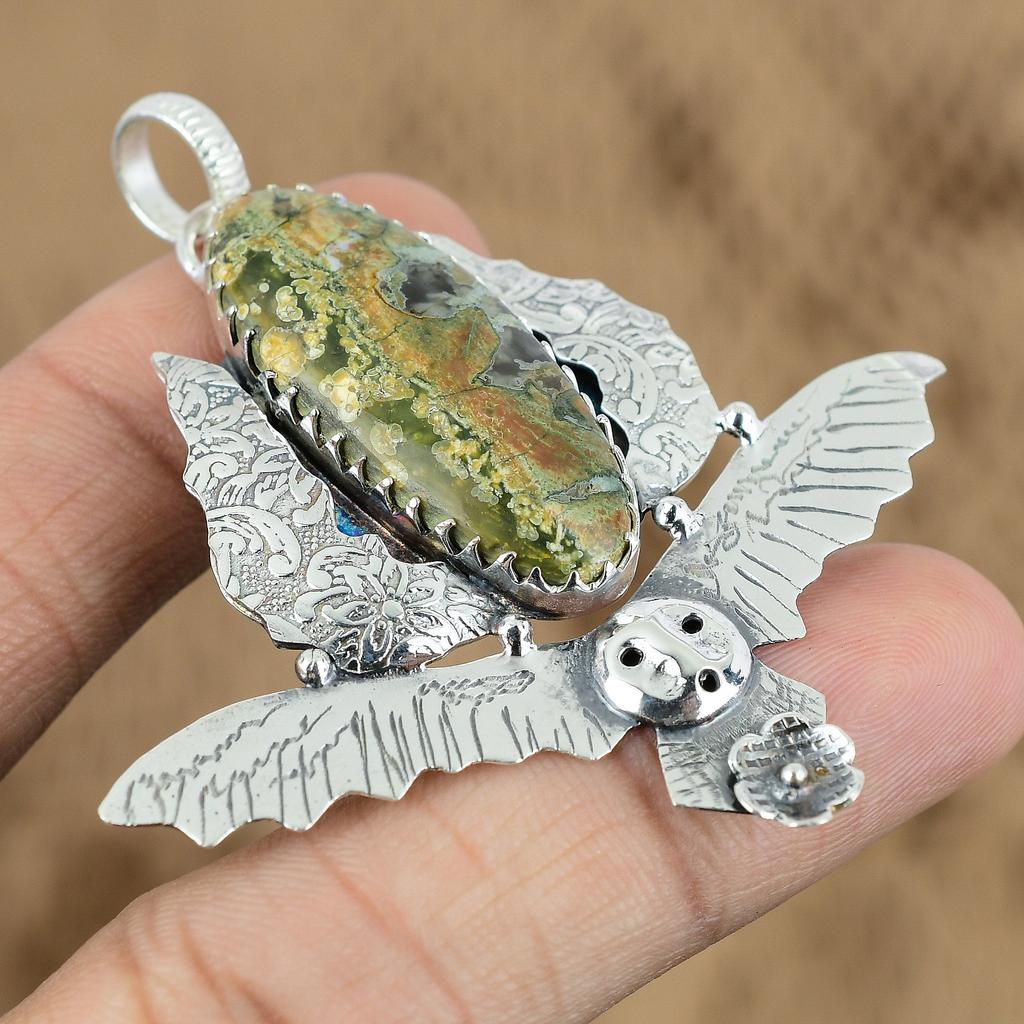 Natural Rainforest Jasper Gemstone Pendant Owl 925 Sterling Silver Jewelry