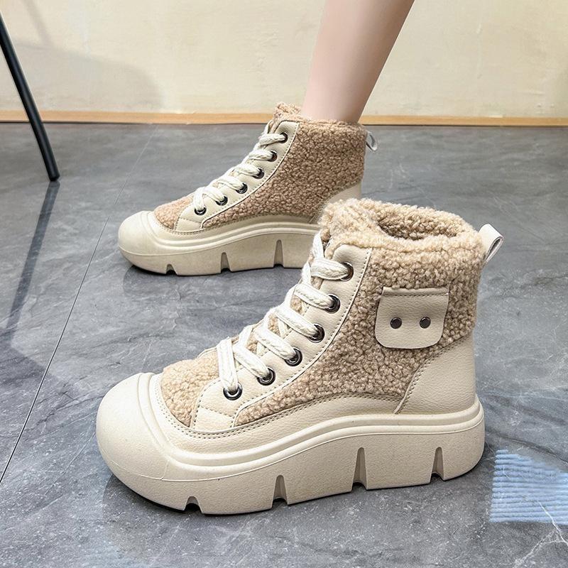 Winter Warm Snow Boots for Women Lace-Up Anti-Slip Faux Fur Lined Ankle Booties Chunky Platform Plush Lined High Top Shoes Women's Fleece Short Boots