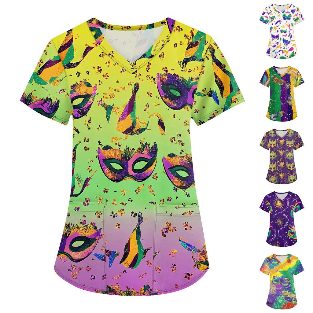 Módní dámské pracovní oděvy s výstřihem do V a krátkým rukávem s kapsami