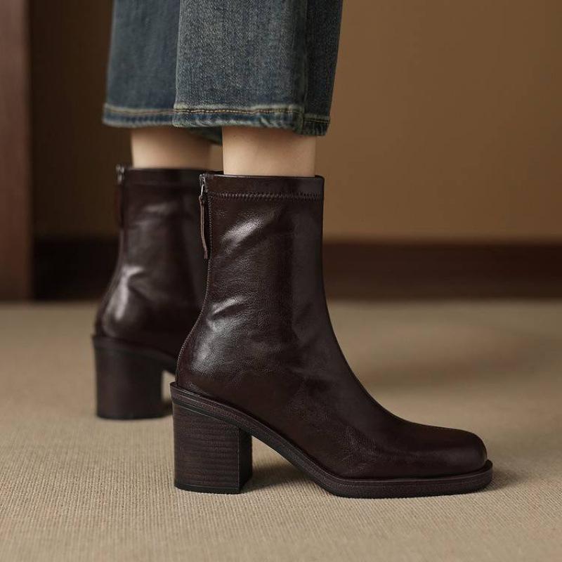 Autumn and Winter Women's High-heeled Leather Boots Solid Color Rubber Sole Versatile Martin Boots Rear Zipper Square Heel Elastic Medium Boots Women