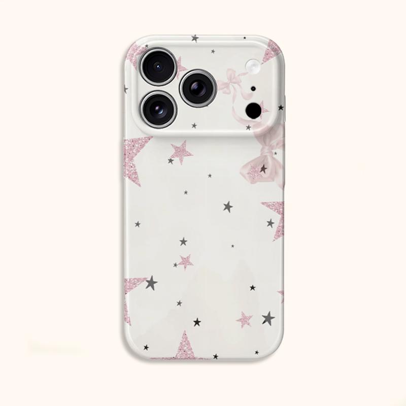 Glittering Pink Bow Starry Pattern Graphic Art Film Aesthetic Protective Shockproof Bumper Phone Case Cover For iPhone 14 15 16 Pro Max Plus