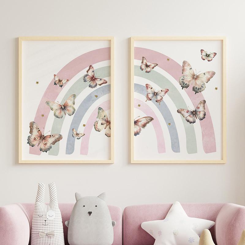 Pink Rainbow Butterfly Custom Baby Name Wall Art Nursery Canvas Prints Painting Watercolor Posters Pictures Girl Kids Room Decor
