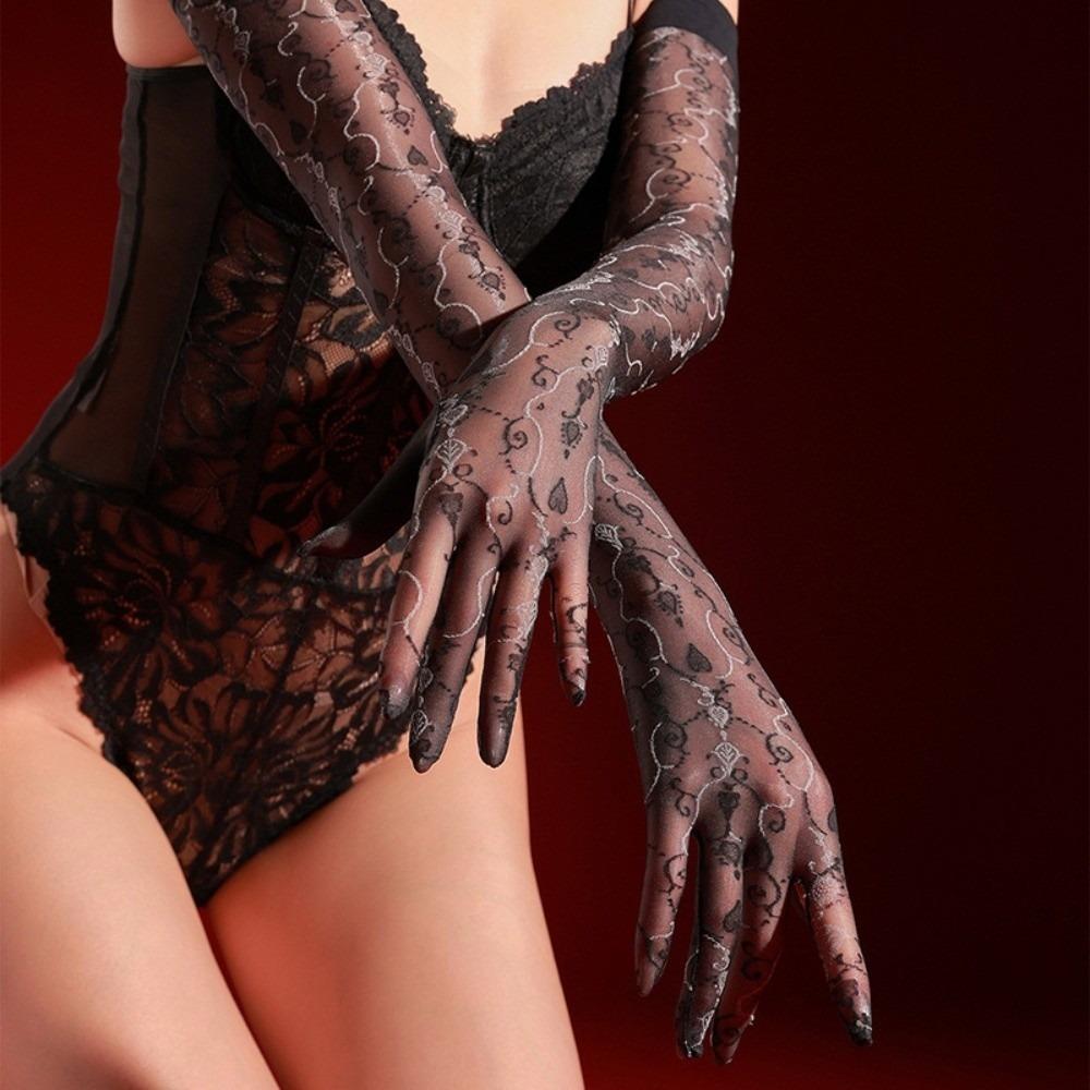 Sexy Oil Shiny Five-Finger Glove Floral Stocking Glove New Jacquard Glove for Women