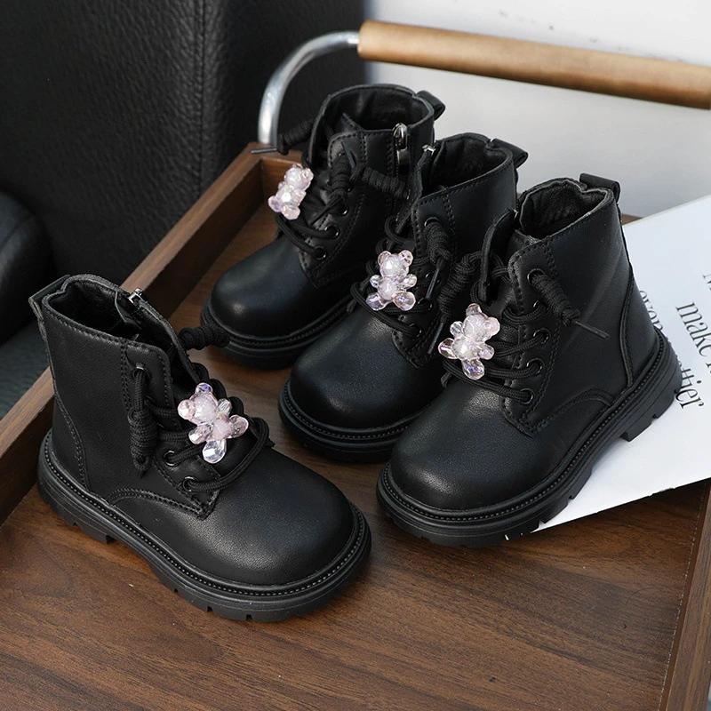 Cute Fashion Girl's Ankle Boot New Black Versatile Children Causal School Leather Boots Cartoon Bear Trend Kids Boots Non-slip