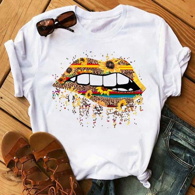 Vintage Leopard Love Sunflower Graphics Women T-Shirt 90S Summer Blouse Loose Short Sleeve Round Neck Female Crop Tops
