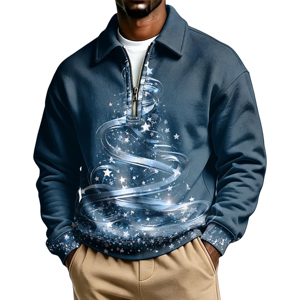 Men's Casual Christmas Print Quarter-Zip Sweatshirt with Collar