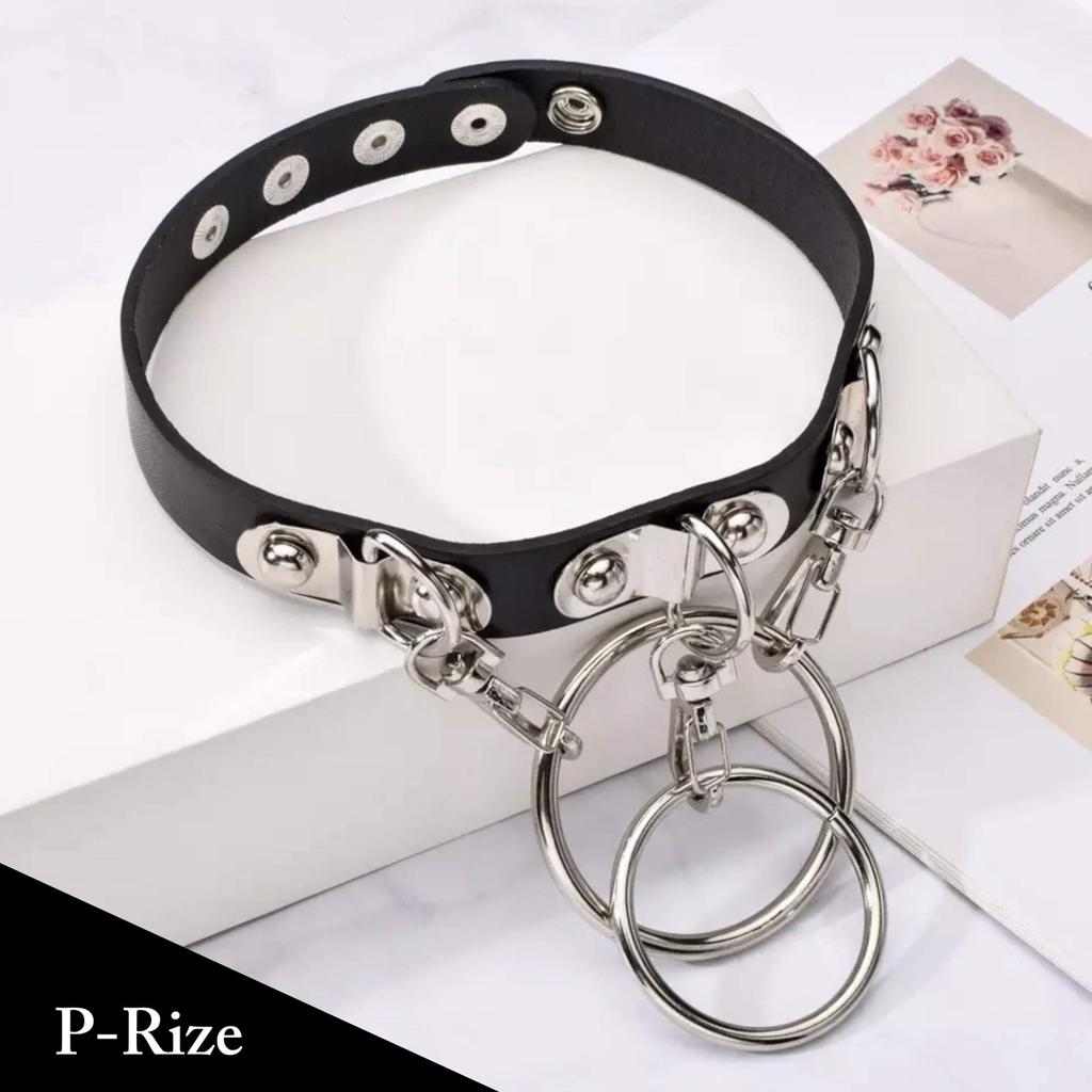 Genuine Cow Leather Choker Punk Black Heavy Lock Ring Type V Visual Gothic Landmine Sick Harajuku Collar Human Costume Cosplay [P-Rize] Women's Men's