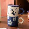 Retro Oil Painting Style Ceramic Mug with Lid Spoon Office Drinking Cup Girls Home Milk Cup Design Sense
