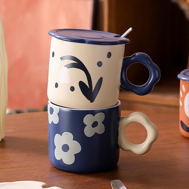 Retro Oil Painting Style Ceramic Mug with Lid Spoon Office Drinking Cup Girls Home Milk Cup Design Sense