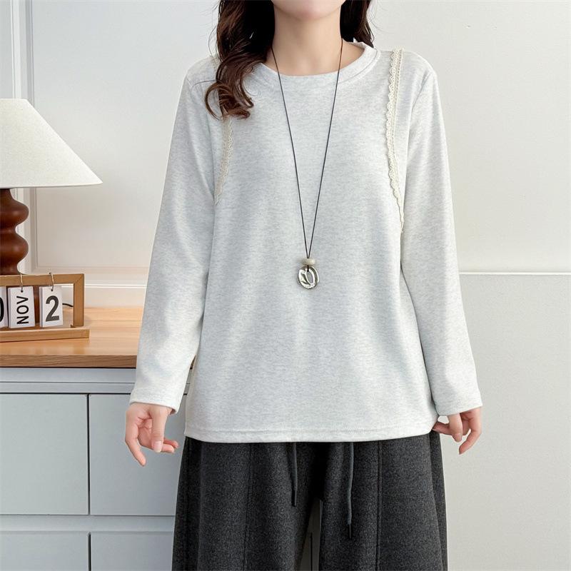 

Women s Plus Size Lace Patchwork Fleece Base Layer Top - 2025 Autumn/Winter, Long Sleeve Round Neck, Thickened Velvet. 2XL серый/белый