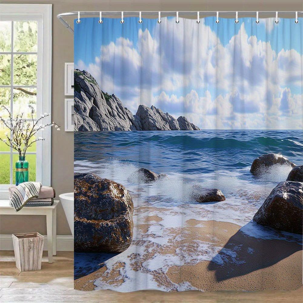 1Pc Extra Large Coastal Shower Curtain - Ocean Seascape Design With Rocks, Waves, Sand & Cliffs - Machine Washable Bathroom Deco