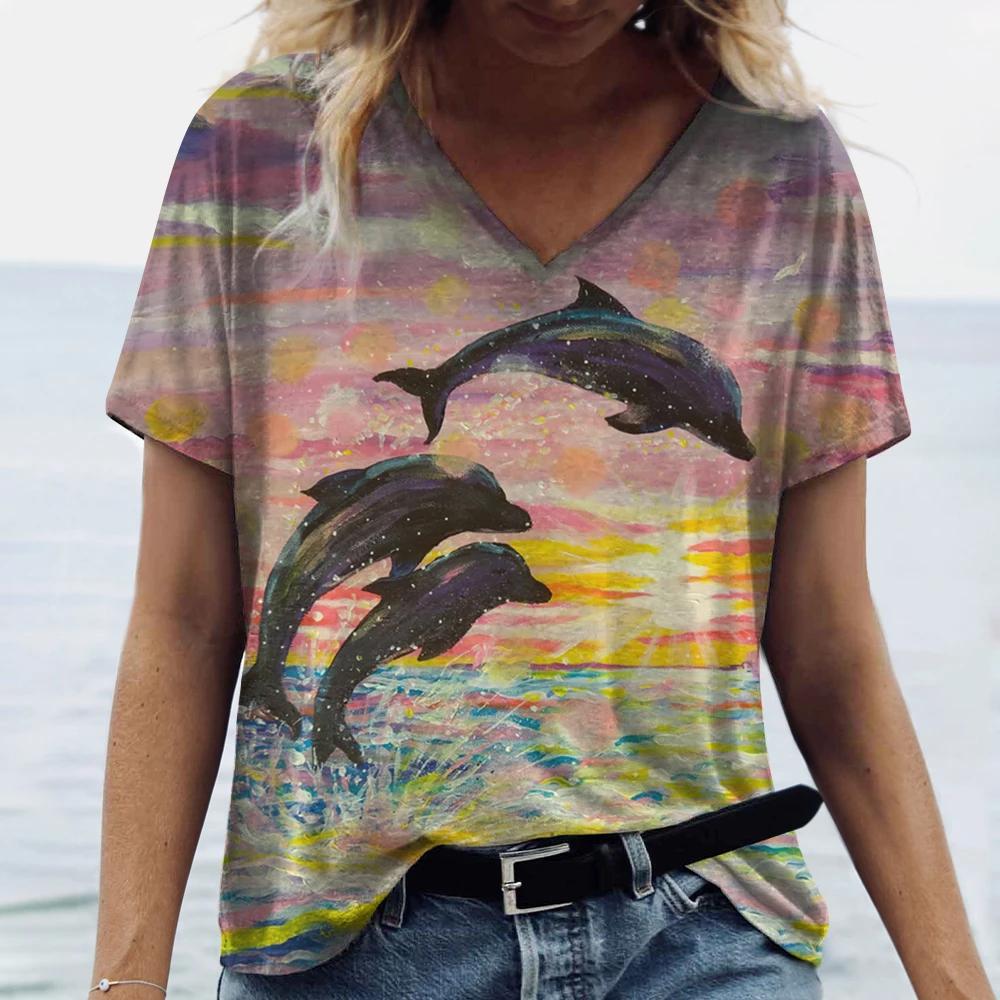 Women's Dolphin Print T-shirt V-neck Top Retro Aesthetic Clothing Oversized Funny Loose Fashion Novelty T-shirt
