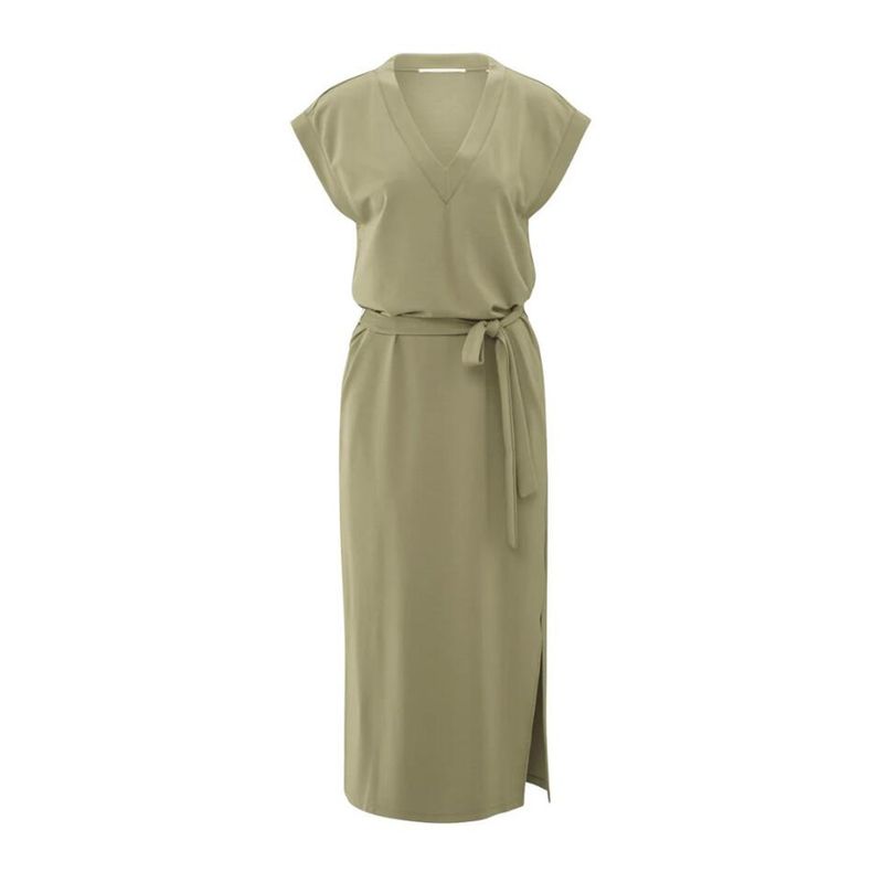 

New Foreign Trade Original Order Tail Goods European and American Single High V-neck Lace-up Waist Hugging Slimming Women Summer Short sleeve Dress Bean Green M