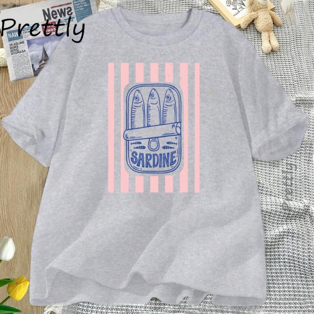 Canned Sardines Fish T-shirt Women's Summer Retro Seafood Graphic Tee Casual Short-sleeved Round Neck T-shirt Women's Clothes