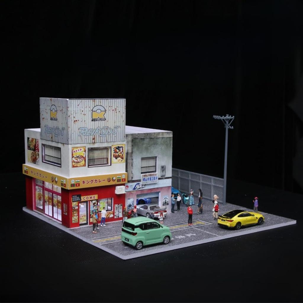 Moreart Diorama Japanese Streetscape Building Model with Parking Lot Assembly Kit for Miniature Car Display Background Model MO936422 1/64 [Item]