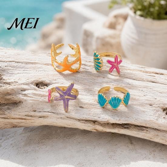 Open Design Rings 4Pcs/Set Ocean Series Ring Set, Multiple Styles Starfish Shell Enamel Coated Finger Ring, Alloy Adjustable Stacking for Jewelry Gift