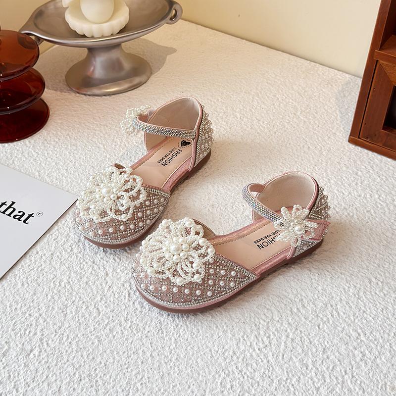 

Kids Half Sandals Pearls Sweet Flowers Girls Princess Shoes Soft Sole Non-slip 2025 Summer New Children Dance Shoes Ins Trendy 24 розовый