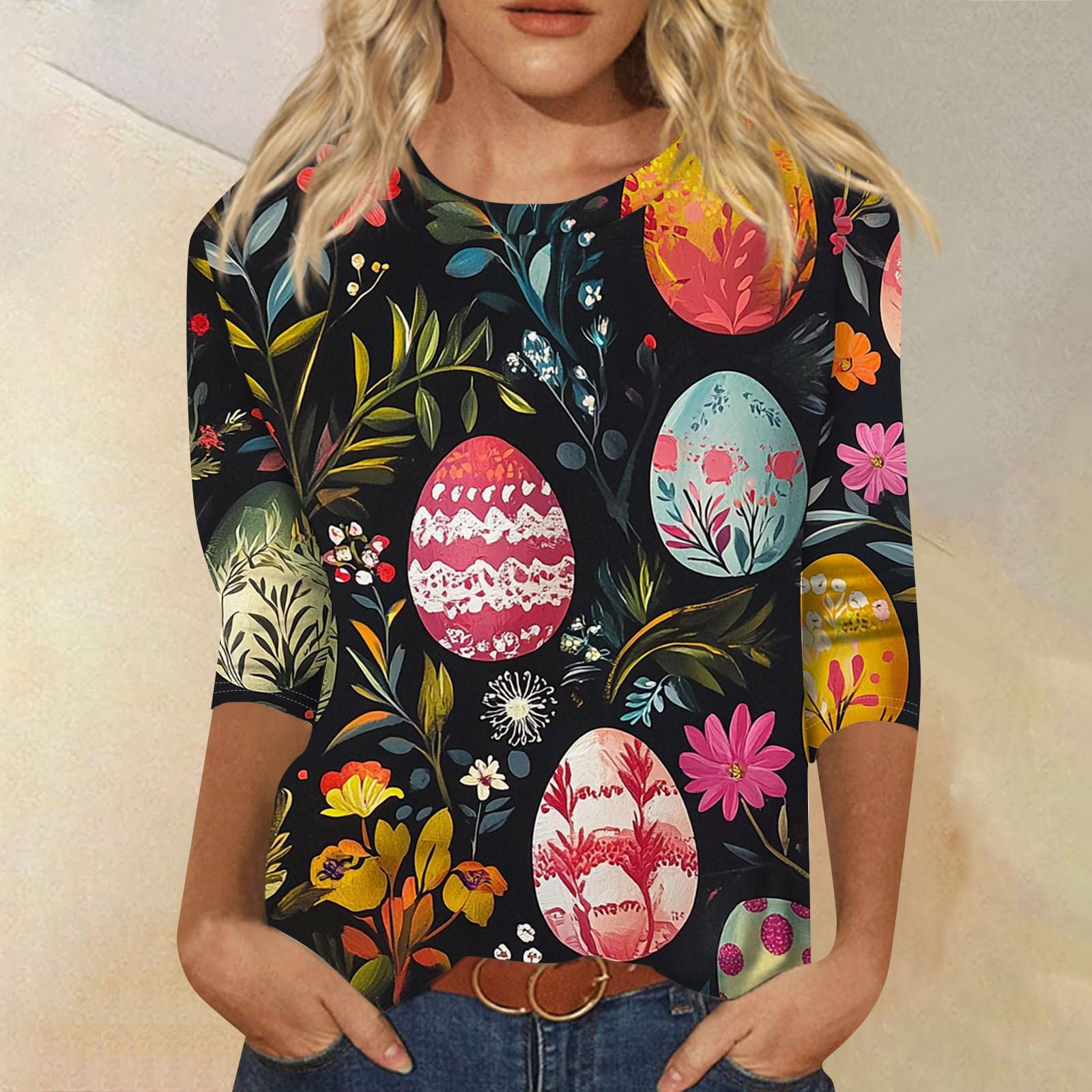 

Жіночий модний повсякденний топ з пасхальним принтом і круглим вирізом з сімома рукавами S