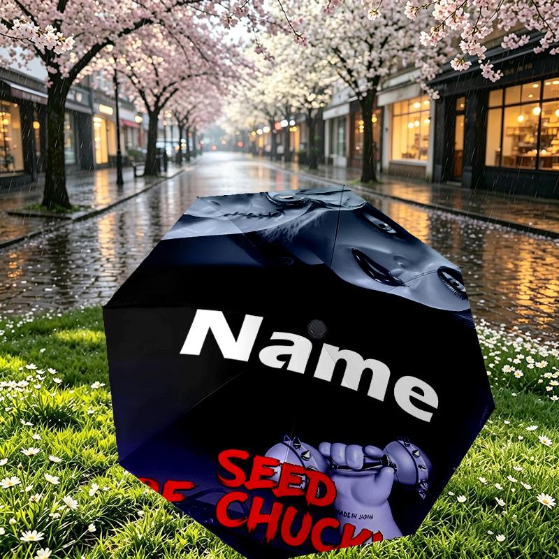 Custom Name Personalized Bride of Chucky Print Umbrella, Auto Open Close, 8‑Rib Sturdy Frame, Commute Camping Hiking Use, Birthday Gift