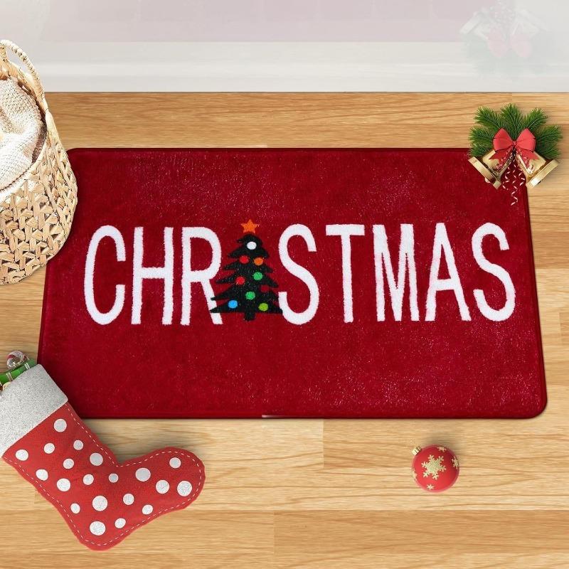 Red Christmas Print Faux Cashmere Bath Mat - Non-Slip Shower Rug & Festive Entryway Doormat