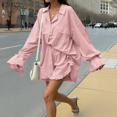 Womens Long Sleeve Blouse and Shorts Casual Two Piece Suit Sets