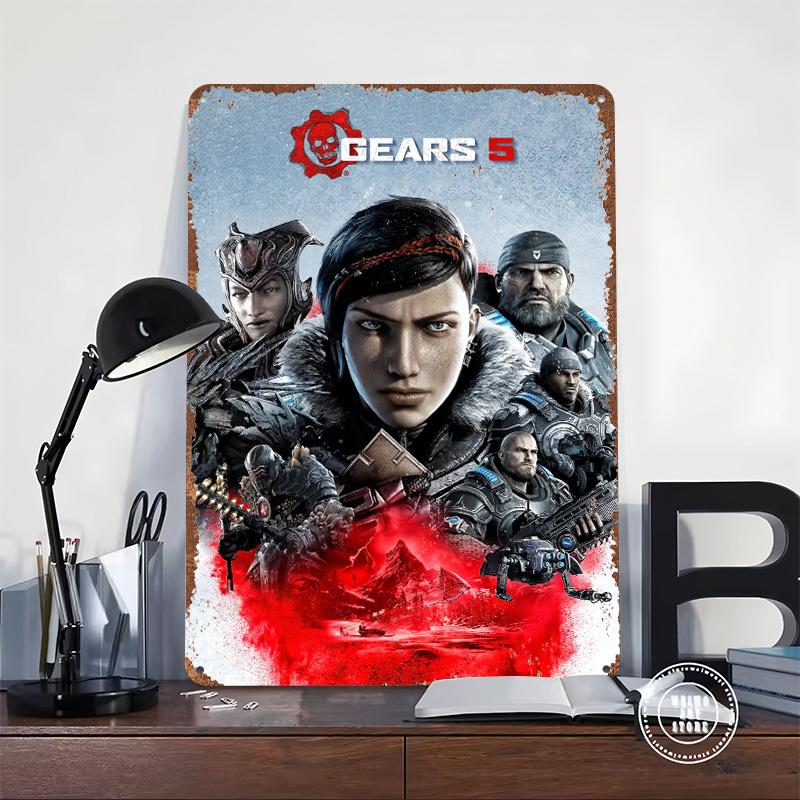 Gears 5 Game Cover Art Poster Customized Wall Art Vintage Metal Signs Retro Tin Plaque for Man Cave Garage Decorations Wand Deko
