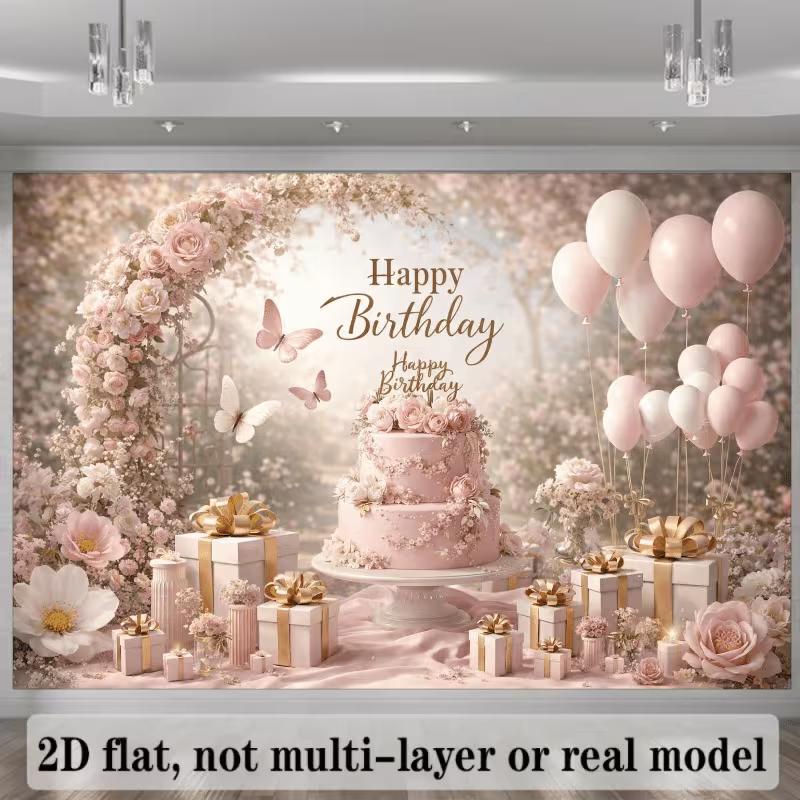 2D Elegant Pink Gold Happy Birthday Backdrop Banner Party Decoration for Girls