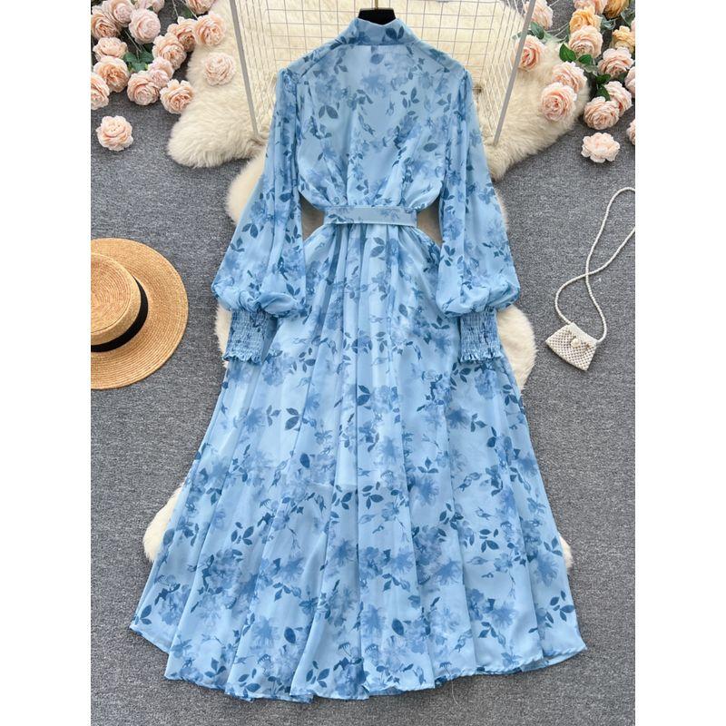 Graceful Stand Collar Breasted Silm Long Large Hem Dress