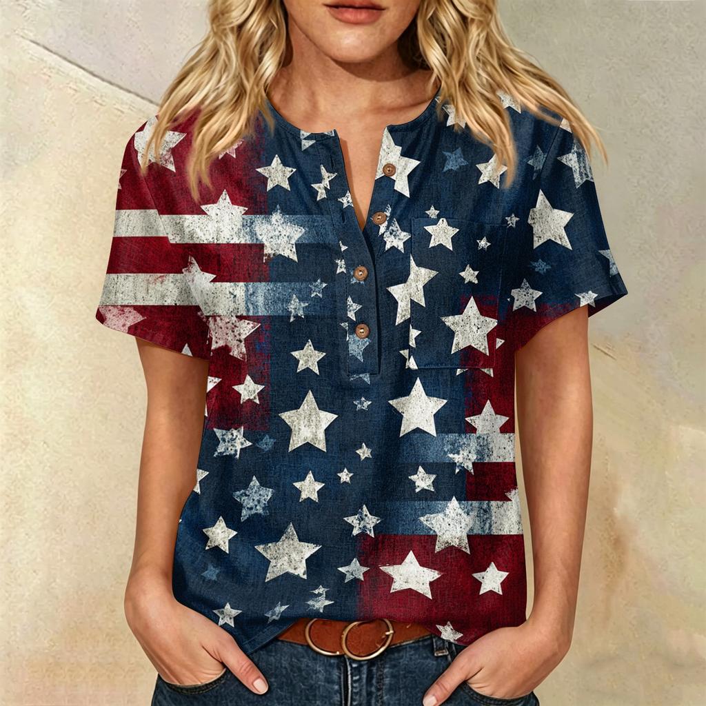 Women’s Casual Henley Button Neck Short Sleeve Cotton Linen Shirt with Chest Pocket and Independence Day Inspired Print Top