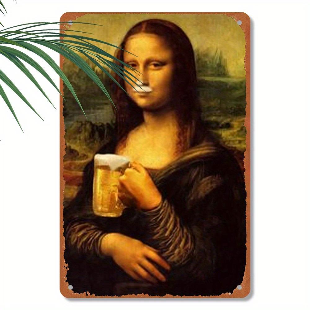 Vintage Mona Lisa Drinking Beer Metal Tin Sign 20x30cm Retro Wall Art for Bar Pub Cafe Restaurant Decor