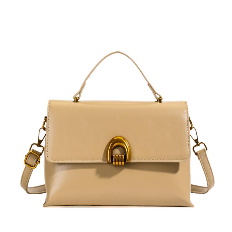 Autumn and winter new fashion oil wax leather small square bag simple lock handbag casual soft leather shoulder oblique span bag