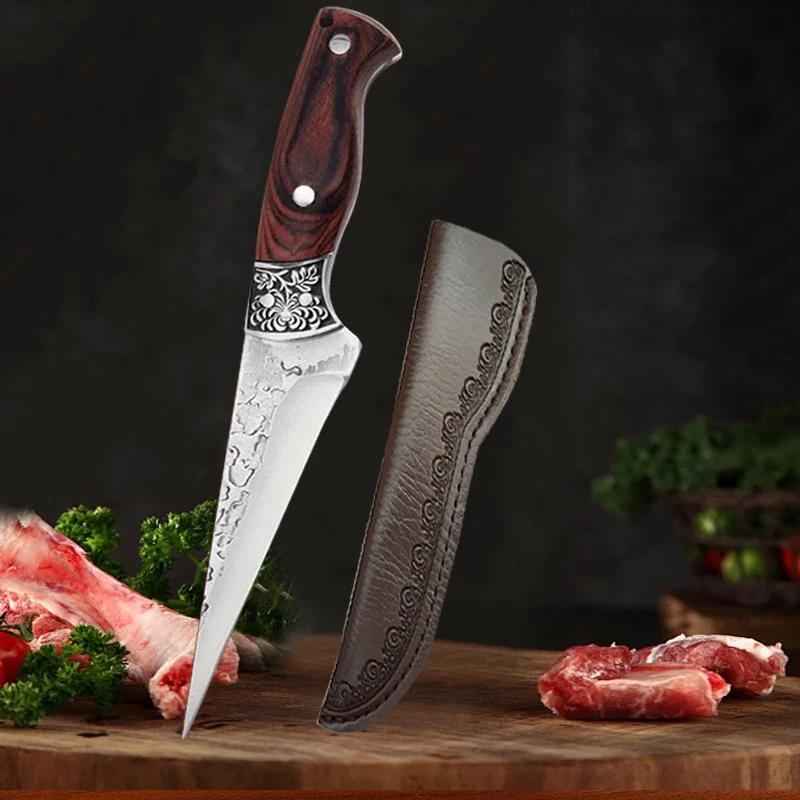 

Кухонный кованый нож Профессиональный нож для обвалки Деревянная рукоять Тесак для мяса Нож для нарезки рыбы Нож шеф-повара из нержавеющей стали для приготовления пищи