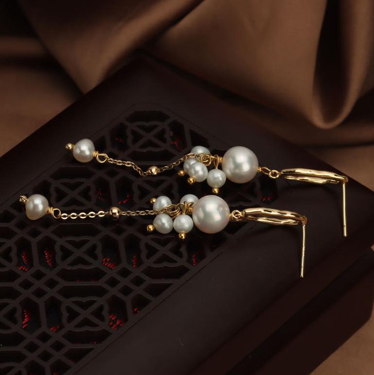 Natural Freshwater Pearl Pendant Tassel Earrings for Women, S911 Silver Fungus Needle Flower Cluster Light Luxury Niche Design Earrings