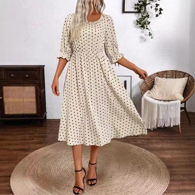 Autumn Women Elegant and Comfortable Polka Dot Dress Wide Waist Mid-sleeve A-line Dress