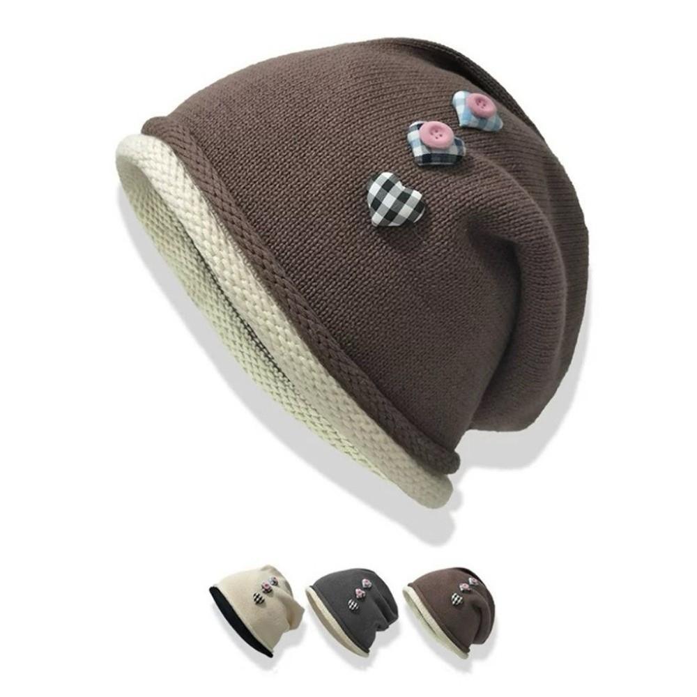 Heart Button Knitted Beanies Cap Vintage Pullover Hats Fashion Y2k Baggy Cap  Streetwear