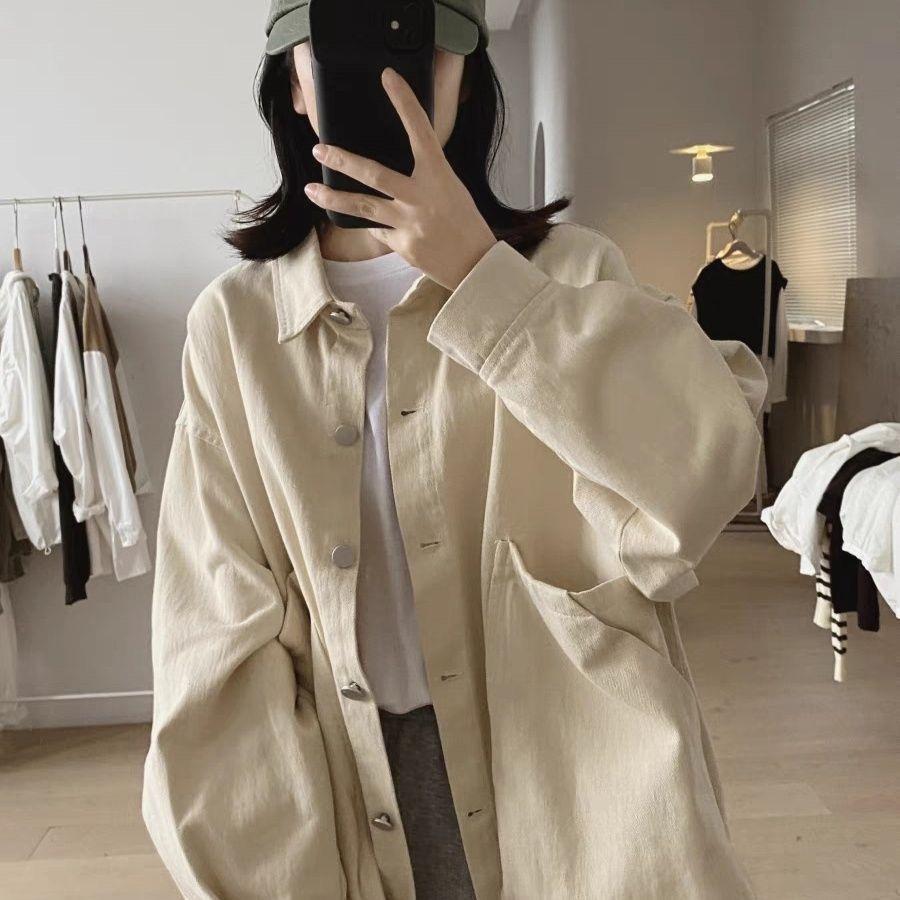 Women's Loose-Fit Retro Workwear Jacket with Large Pockets - Plus Size, Slimming, Solid Color, Spring/Autumn