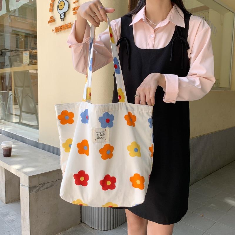 1 New Tote Bag Large Capacity Floral Canvas Shoulder Bag Portable Girl Student Shopping Bag