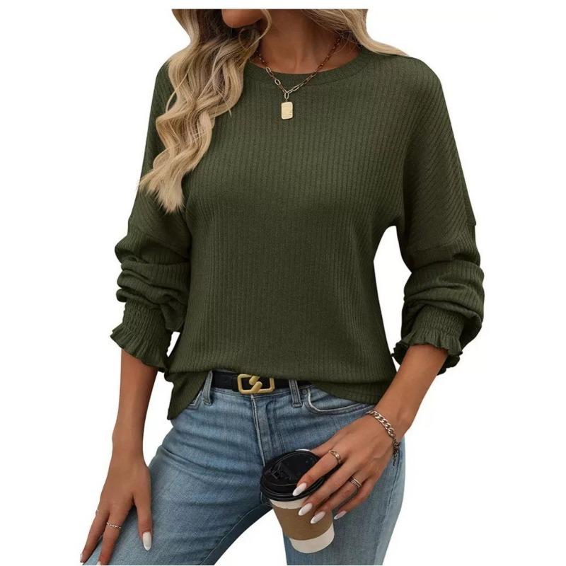 Women S Solid Color Crew Neck Long Sleeve Loose Fit Casual T Shirt