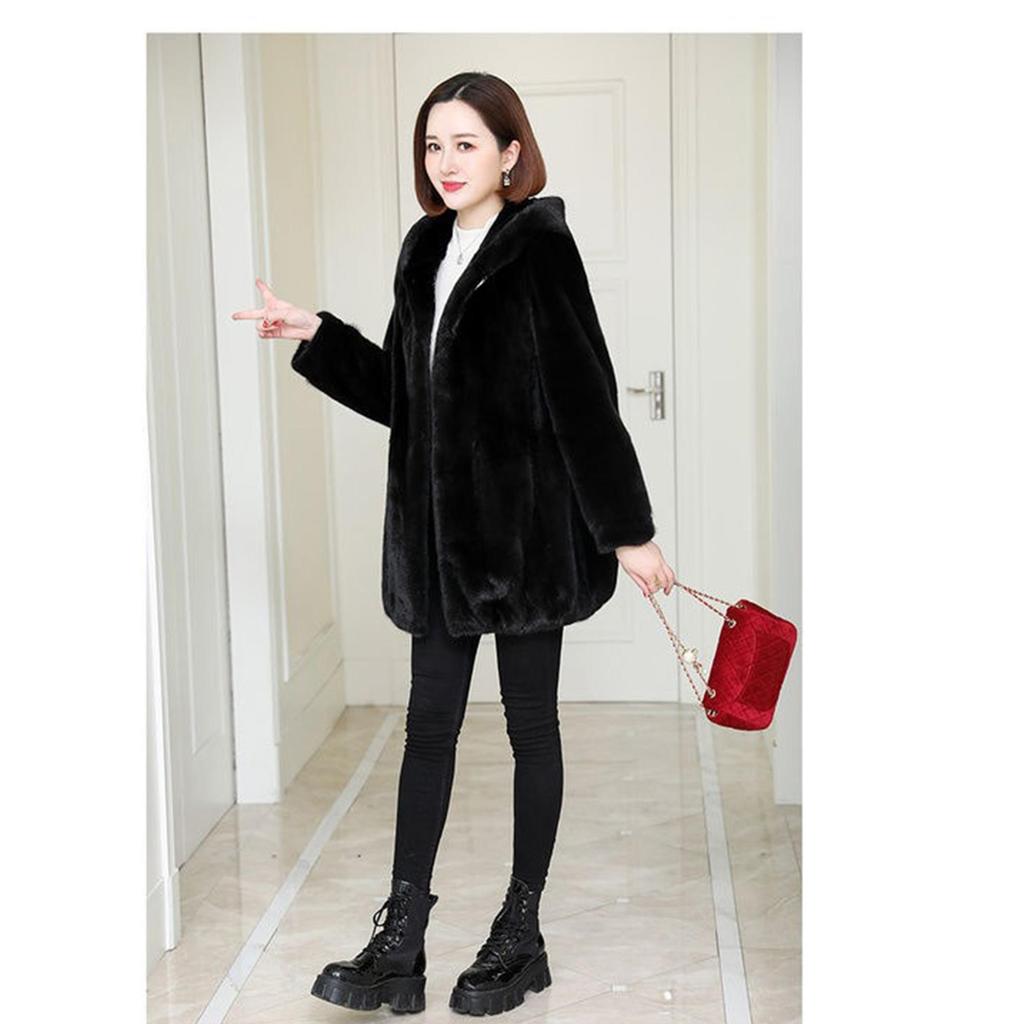 Hooded mid-length imitation mink fleece coat
