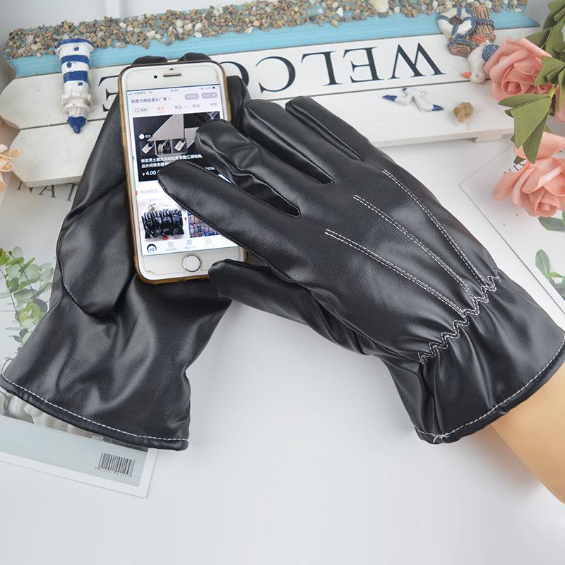 Men's winter PU leather gloves, velvet warm touch screen, black cycling motorcycle imitation leather women's gloves manufacturer