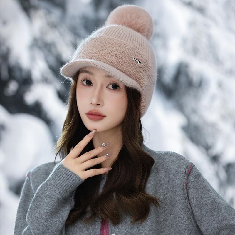 Knitted Wool Hat Women's Autumn and Winter Outdoor Cycling Windproof Hairball Hat Cold-proof Warm Fleece Ear Hat