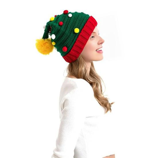 Christmas Knitting Hat Red Green Patchwork Color Knitted Wool Ball Decoration Holiday Hat Festive Party Wear