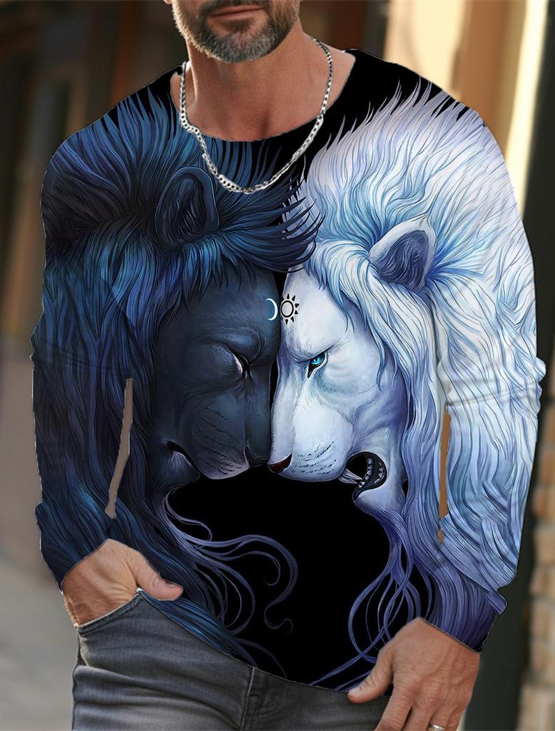 Men's T-shirt pattern lion pattern printing round neck brown 3D printing outdoor daily long sleeved printing clothing designer